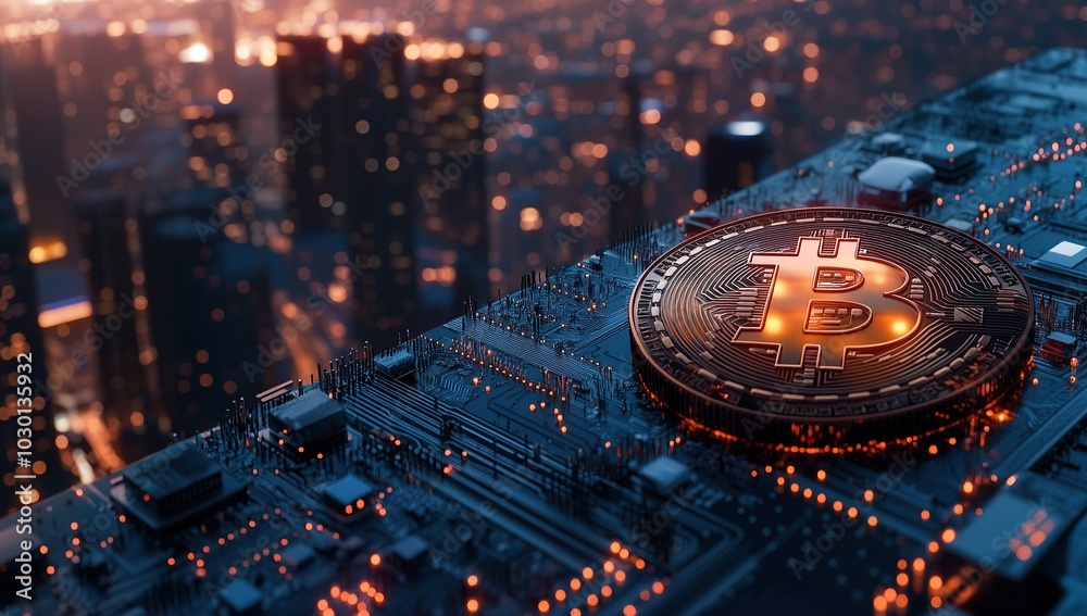 A Bitcoin symbol on top of an array of computer circuits, with a blue and orange glow A Bitcoin symbol on top of an array of computer circuits, with a blue and orange glow