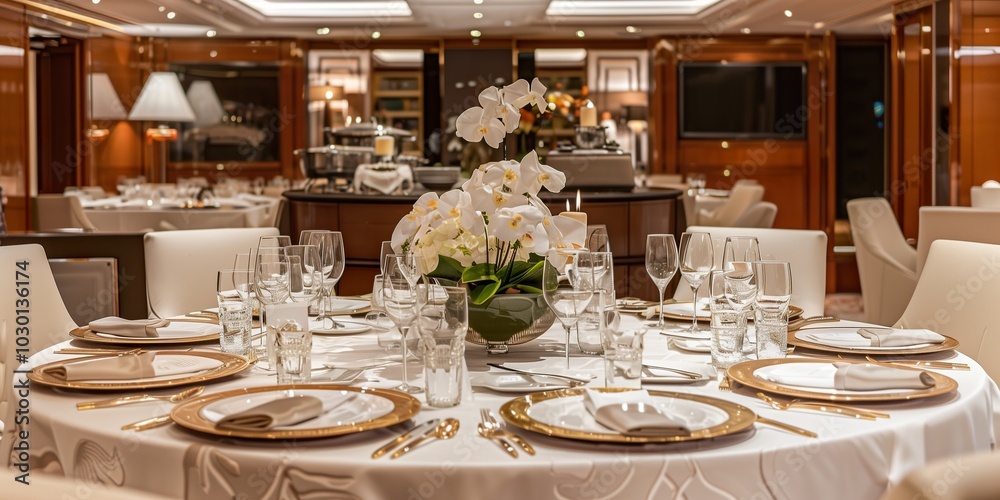 Luxurious dining table setup with elegant tableware, orchids, and gold accents in a fine dining restaurant shallow soft focus Luxurious dining table setup with elegant tableware, orchids, and gold accents in a fine dining restaurant shallow soft focus