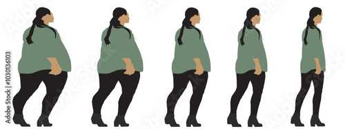 Conceptual fat overweight obese female vs slim fit healthy body after weight loss or diet on white background banner. A  fitness, nutrition or obesity, health shape illustration vector as silhouettes