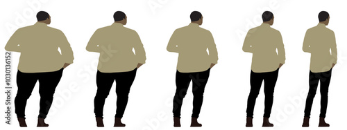 Conceptual fat overweight obese man vs slim fit healthy body after weight loss or diet, white background banner. A  fitness, nutrition or obesity, health care shape illustration vector as silhouettes