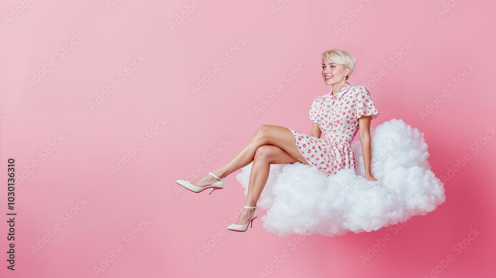 jeune femme blonde aux cheveux courts, en robe et escarpins, assise sur un petit nuage devant un fond uni rose jeune femme blonde aux cheveux courts, en robe et escarpins, assise sur un petit nuage devant un fond uni rose