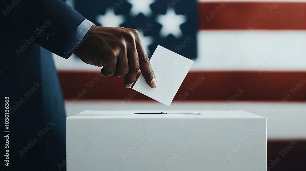 A close-up image capturing a hand placing a ballot into a white ballot box, set against a blurred background of the American flag, symbolizing democracy and the electoral process A close-up image capturing a hand placing a ballot into a white ballot box, set against a blurred background of the American flag, symbolizing democracy and the electoral process