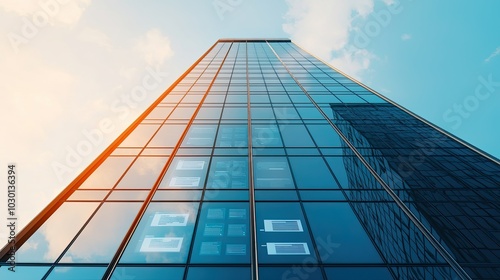 A modern glass skyscraper reaching towards a clear blue sky, showcasing a sleek design with sunlight reflecting off its windows. photo