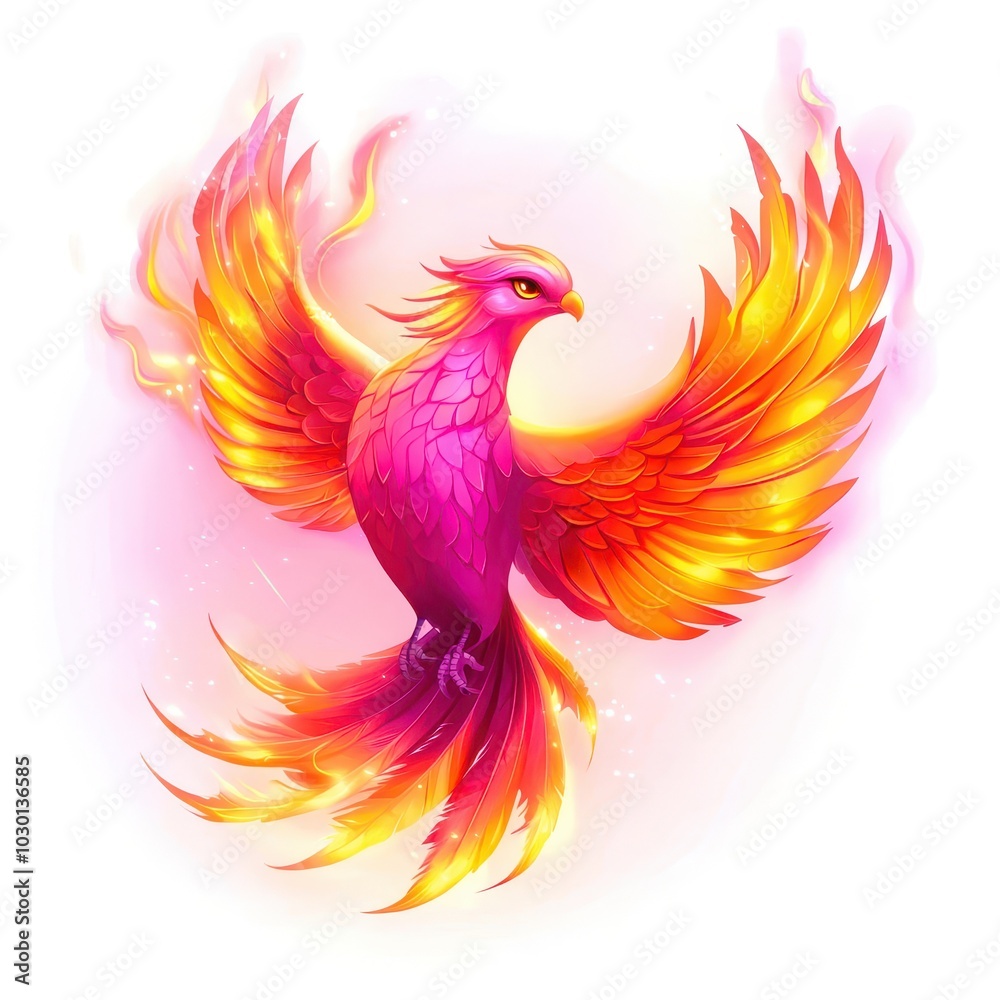Obraz premium Vibrant, mythical phoenix with fiery plumage soaring gracefully against a white background.