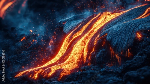 This striking image showcases the flow of molten lava, with bright orange hues contrasting against dark volcanic rocks offering a mesmerizing spectacle of nature.