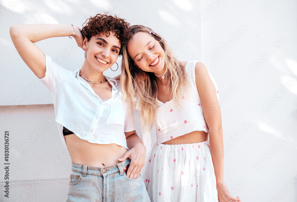 Two young beautiful smiling hipster female in trendy summer white t-shirt and shorts clothes. Sexy carefree women posing in the street. Positive models having fun, hugging and going crazy Two young beautiful smiling hipster female in trendy summer white t-shirt and shorts clothes. Sexy carefree women posing in the street. Positive models having fun, hugging and going crazy