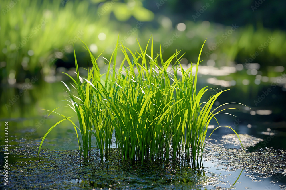 Obraz premium Green grass growing vigorously in a tranquil pond during daylight