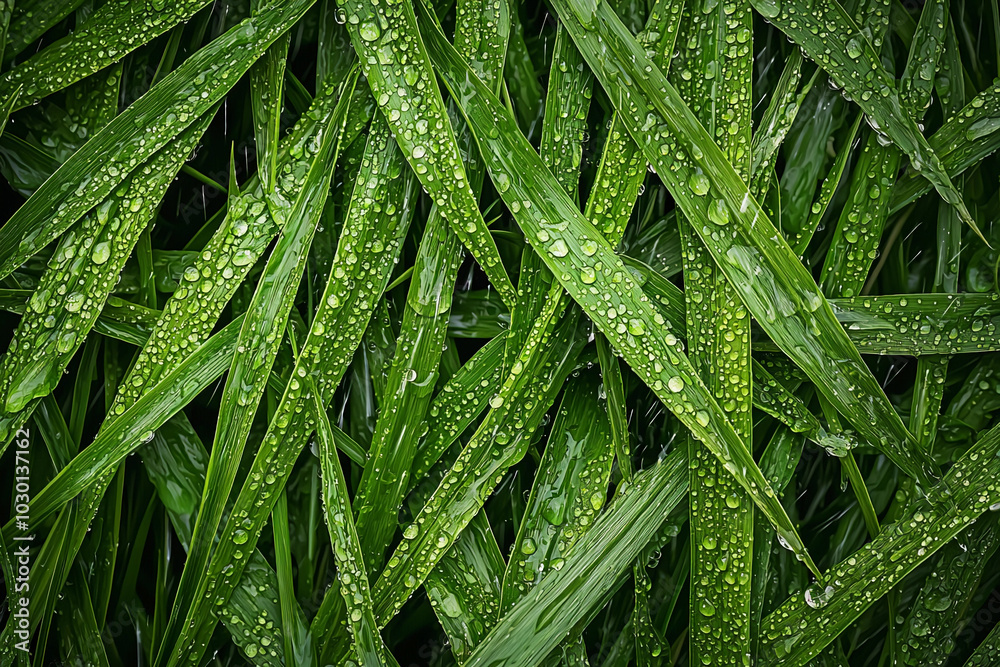 Freshly washed green grass blades covered in raindrops in nature Freshly washed green grass blades covered in raindrops in nature