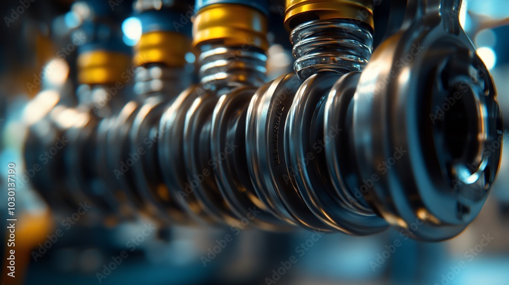 Close-up of a row of shiny, metallic machine parts with yellow and blue details.