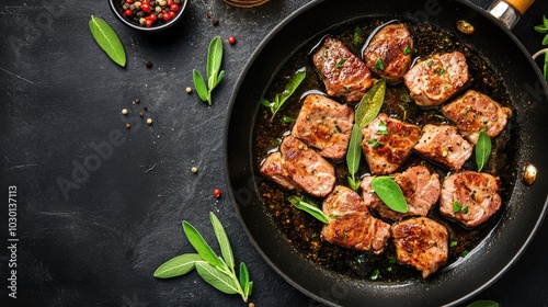 Overhead Shot of Sizzling Meat in Frying Pan photo