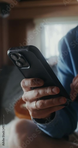 A young man with glasses smiles while using a mobile phone while sitting on a bed in a van. Close-up of his hands