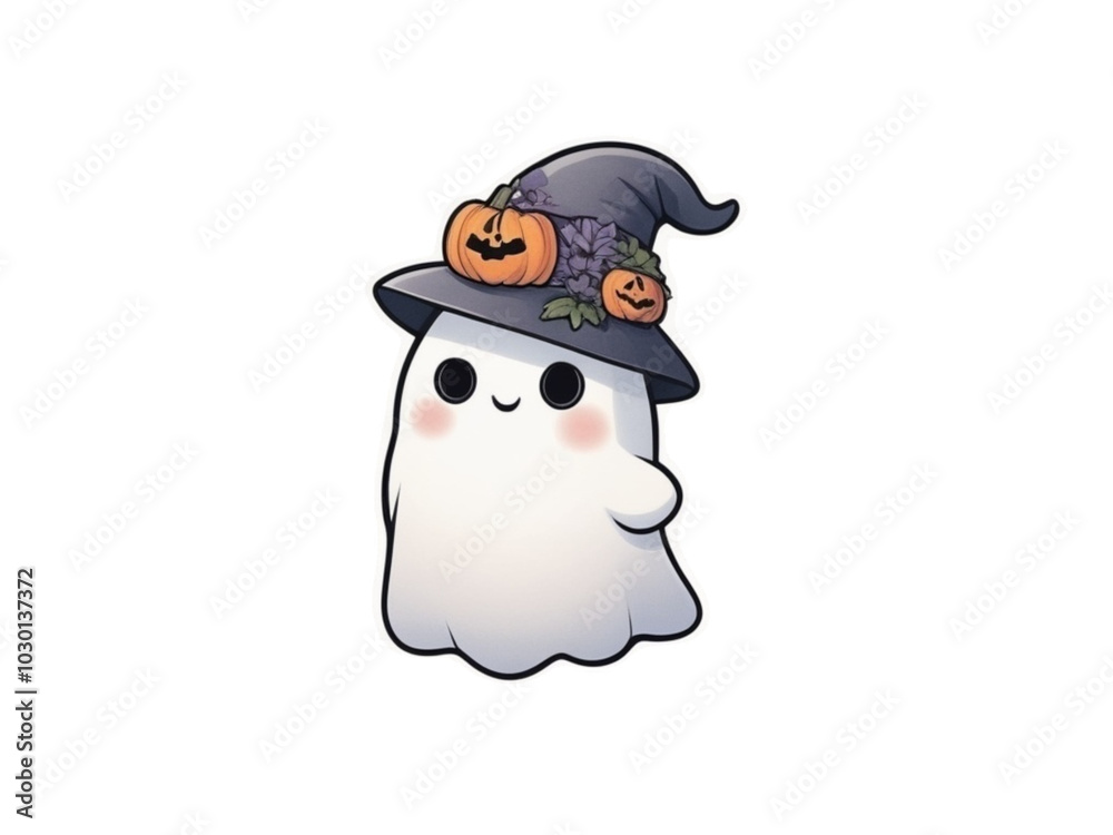 Ghost with Witch Hat and Pumpkin Decoration Illustration Ghost with Witch Hat and Pumpkin Decoration Illustration