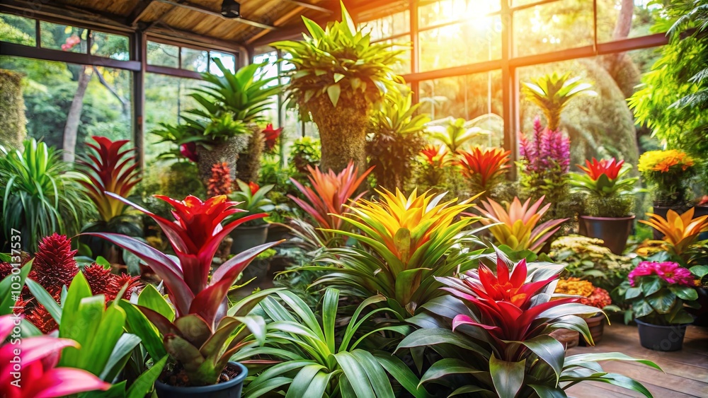 Obraz premium Vibrant Bromeliads Flourish in a Sunlit Greenhouse, Creating a Lush and Colorful Tapestry of Nature