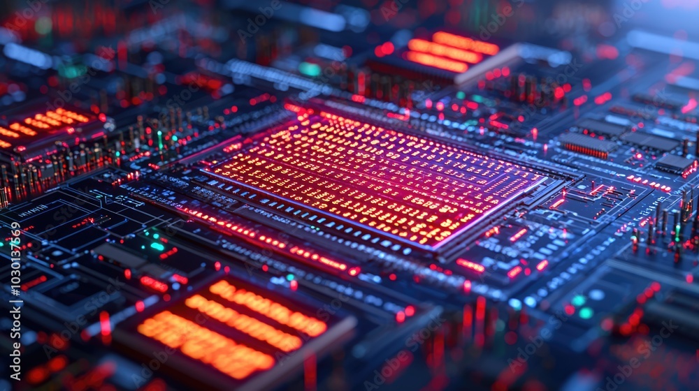 Obraz premium A close-up view of a futuristic circuit board with vibrant red and blue LED lights illuminating its intricate pathways.