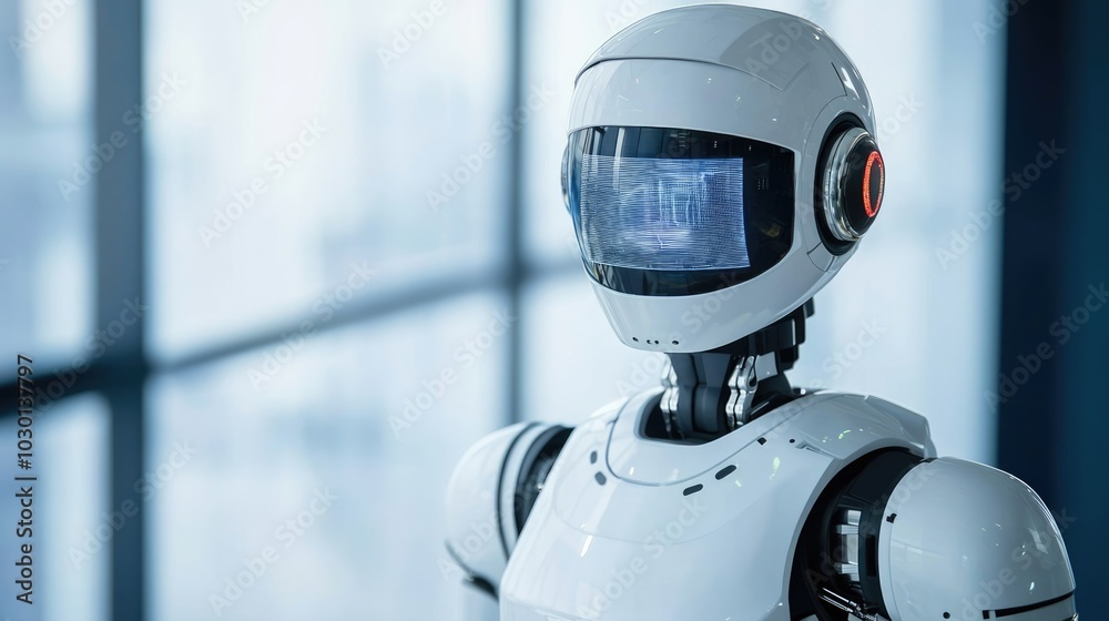 A futuristic robot with a sleek design and a digital face, set against a modern interior background, symbolizes technological advancement. A futuristic robot with a sleek design and a digital face, set against a modern interior background, symbolizes technological advancement.