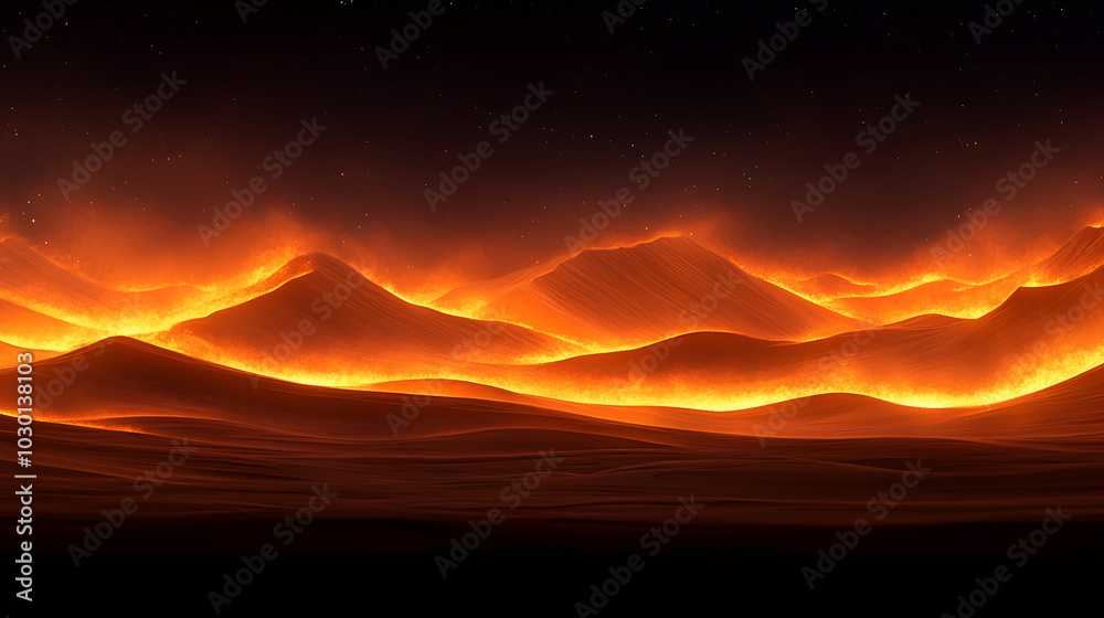 Luminous orange waves of light ripple across a desert landscape at twilight, evoking a surreal atmospheric effect Luminous orange waves of light ripple across a desert landscape at twilight, evoking a surreal atmospheric effect