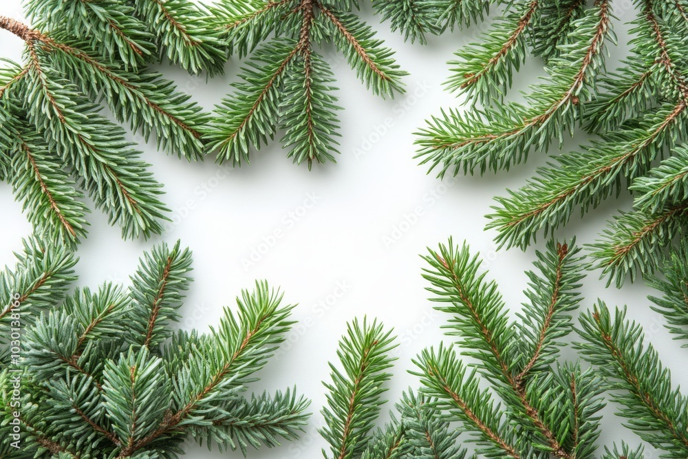 Minimalist design of spruce branches on a bright white background. Generative AI Minimalist design of spruce branches on a bright white background. Generative AI