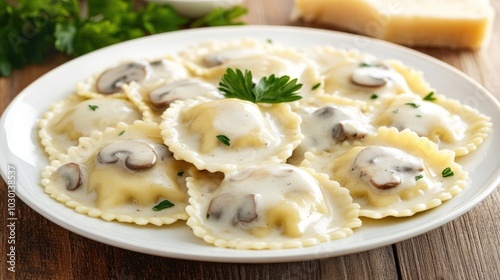 Freshly Cooked Ravioli with Creamy Mushroom Sauce