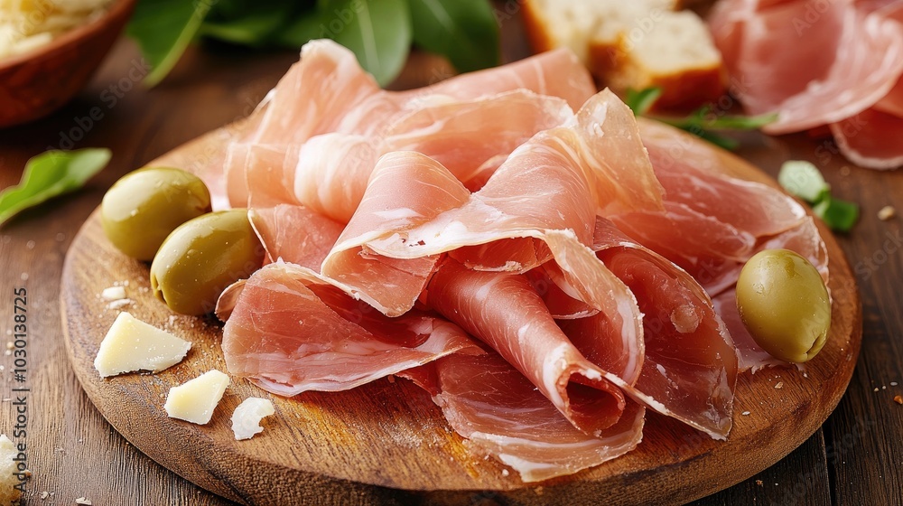 Neatly Folded Prosciutto Slices on Wooden Board Neatly Folded Prosciutto Slices on Wooden Board