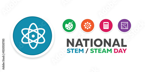 National Stem Day. Science icon, art, gear and more. Great for cards, banners, posters, social media and more. White background.