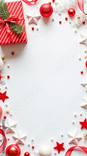 Festive Christmas Holiday Background with Red and White Decorations and Gift Box on white background