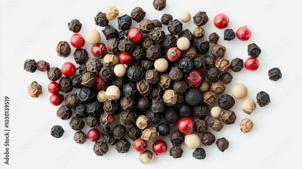A handful of pink peppercorns with their smooth, shiny skins, scattered on a white background A handful of pink peppercorns with their smooth, shiny skins, scattered on a white background