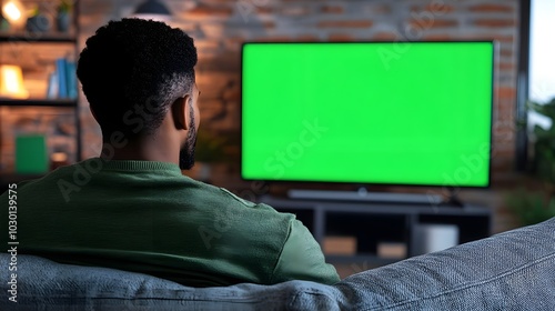 Black Man Watches Green Screen Mock-up TV Display with Chromakey While Sitting on a Couch at Home. Relaxed Male Streaming an Evening Movie. Over the Shoulder View. Modern Online Entertainment Concept