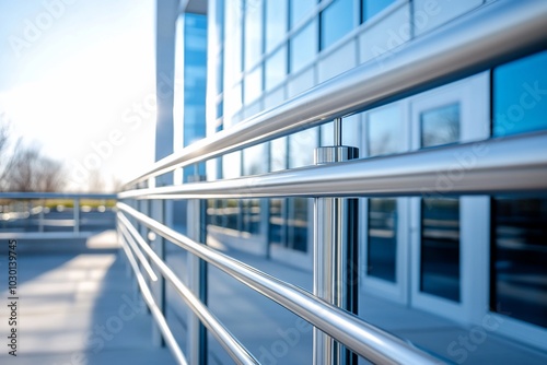 Close-up of sleek, modern metal railing with reflective glass building in background.