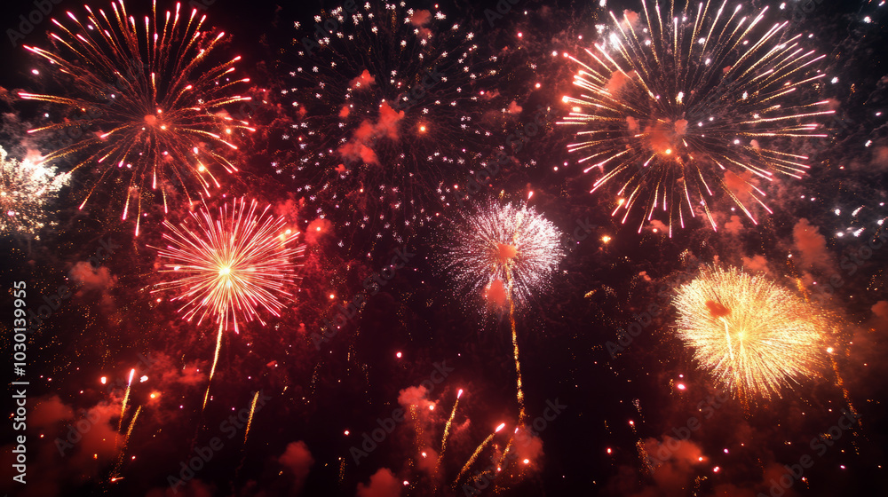 Fototapeta premium Beautiful colorful firework display for celebrating new year and christmas