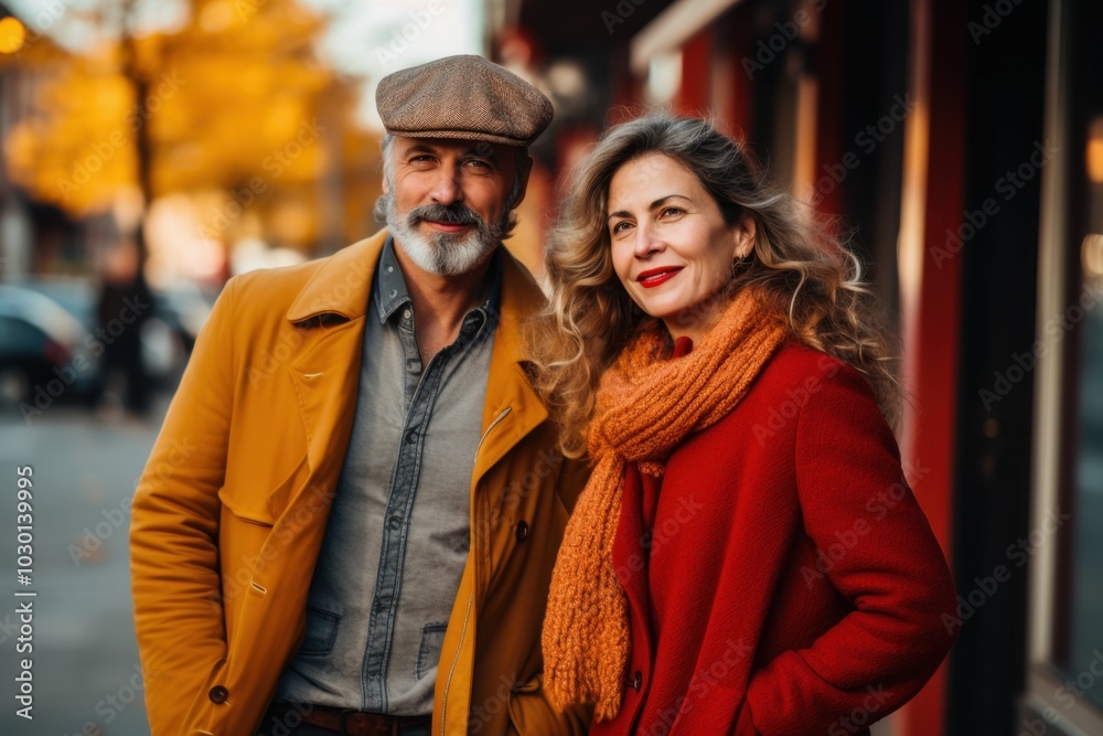 A man and a woman are standing on a street, both wearing warm clothing A man and a woman are standing on a street, both wearing warm clothing