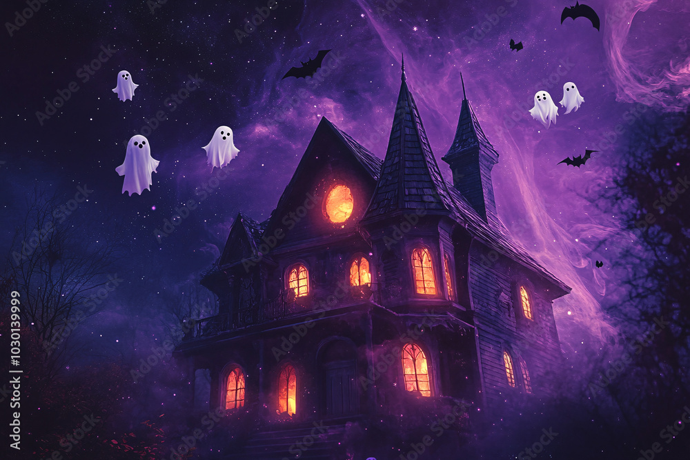 A spooky haunted house in a dark forest, surrounded by glowing windows, ghosts, and bats under a starry purple sky, creating an eerie atmosphere
A spooky haunted house in a dark forest, surrounded by glowing windows, ghosts, and bats under a starry purple sky, creating an eerie atmosphere