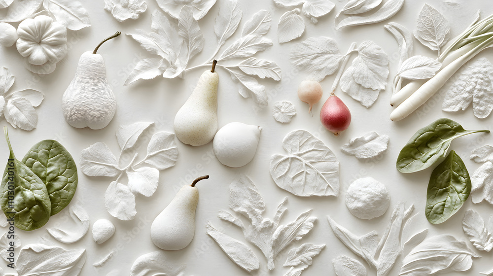 An Innovative Stylish Seamless Pattern Showcasing Fresh Fruits and Vegetables in a Brilliant White Plaster Design An Innovative Stylish Seamless Pattern Showcasing Fresh Fruits and Vegetables in a Brilliant White Plaster Design