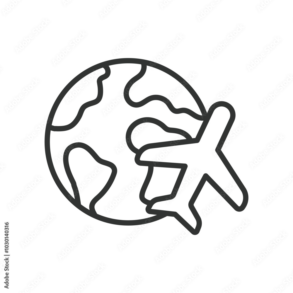 Globe and plane, in line design. Globe and plane, world travel, airplane, global travel, flight, earth, international travel on white background vector. Globe and plane editable stroke icon Globe and plane, in line design. Globe and plane, world travel, airplane, global travel, flight, earth, international travel on white background vector. Globe and plane editable stroke icon
