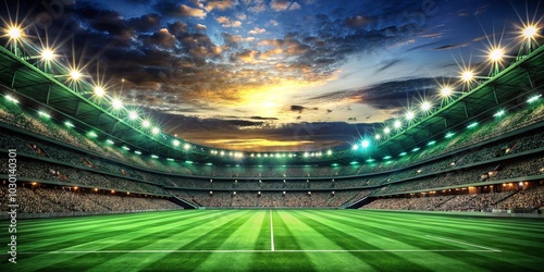 A stadium bathed in the glow of a vibrant sunset, with a verdant pitch awaiting the thrill of competition