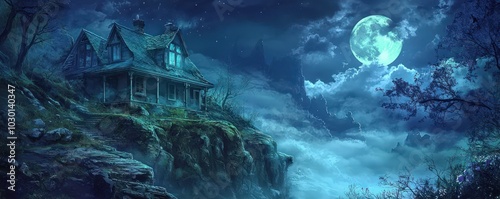 A spooky house on a cliff illuminated by a full moon under a misty night sky, creating a hauntingly beautiful scene.