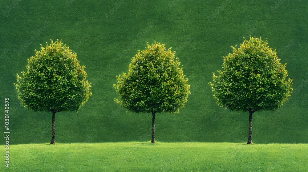 A Dramatic Digital Painting Featuring Three Trees in Varying Heights with a Rich Green Background A Dramatic Digital Painting Featuring Three Trees in Varying Heights with a Rich Green Background