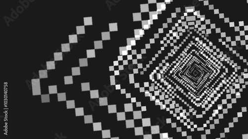 Hypnotic Black and White Checkered Tunnel. Abstract pixelated spiral. Sense of depth and optical illusion. Squares gradually get smaller towards the center, drawing the viewer's eye inward. 
