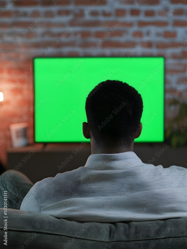Black Man Watches Green Screen Mock-up TV Display with Chromakey While Sitting on a Couch at Home. Relaxed Male Streaming an Evening Movie. Over the Shoulder View. Modern Online Entertainment Concept 