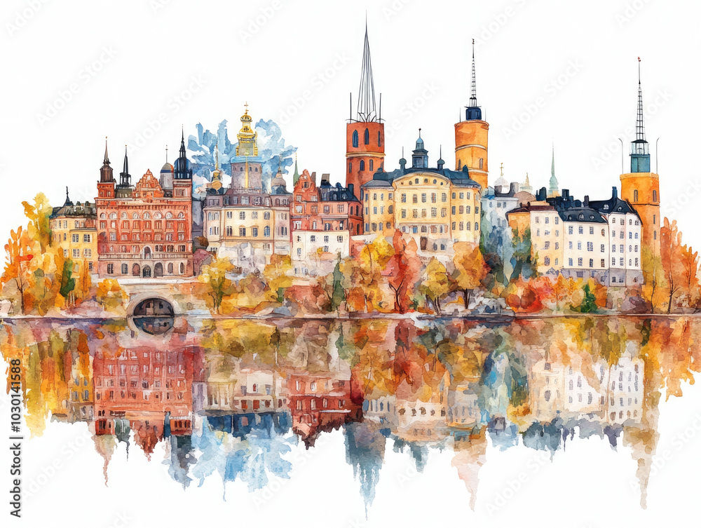 Obraz premium Charming Swedish town with colorful buildings and water reflections