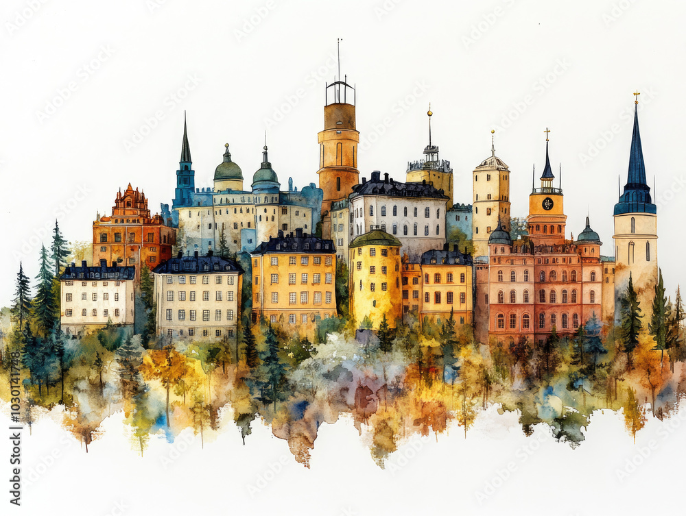 Fototapeta premium Charming Swedish town with colorful buildings and water reflections
