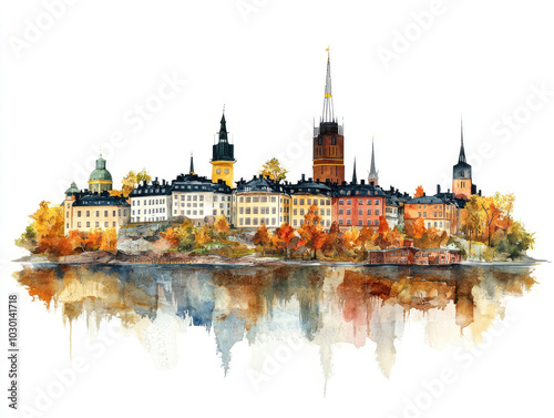 Charming Swedish town with colorful buildings and water reflections