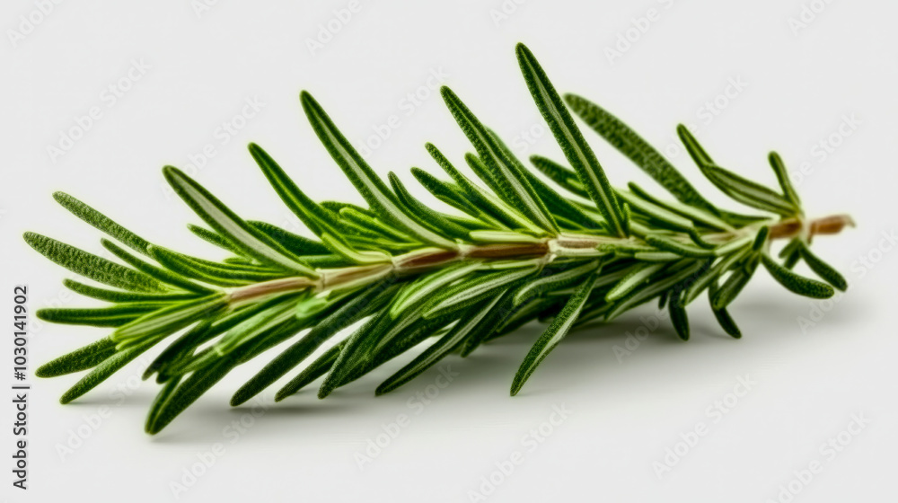 Fototapeta premium A single sprig of fresh rosemary with its needle-like leaves, isolated on a white background