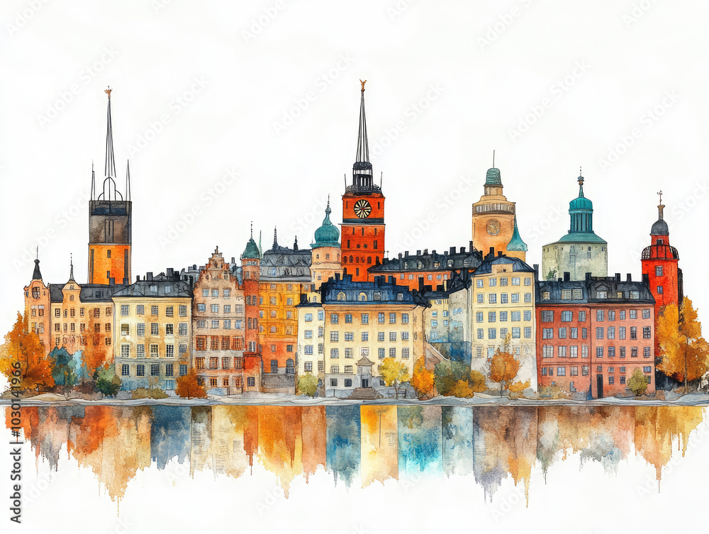 Fototapeta premium Charming Swedish town with colorful buildings and water reflections
