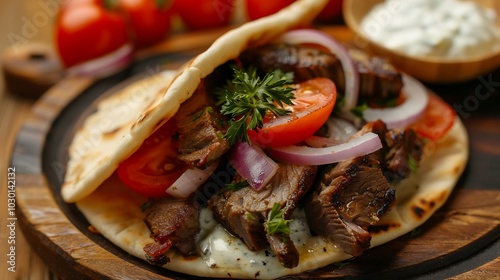 Delicious Gyros with Pita Bread, Tomatoes, and Red Onions