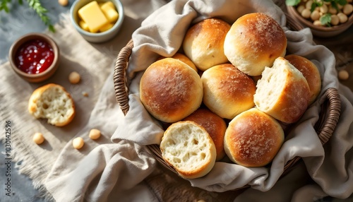 Freshly Baked Pistolet Crusty Bread Rolls in a Basket (Belgian Cuisine)