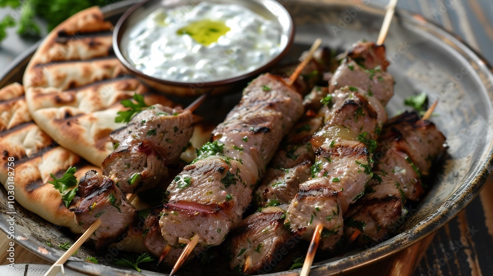 Greek Souvlaki Skewers with Tzatziki and Pita Bread