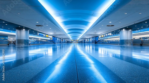 Empty airport corridor with blue lights and shiny floor.