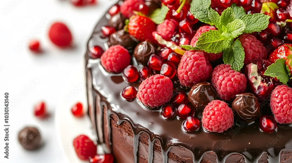 cake covered with berries of raspberry strawberry pomegranate mint leaves doused with chocolate on an isolated white background. 