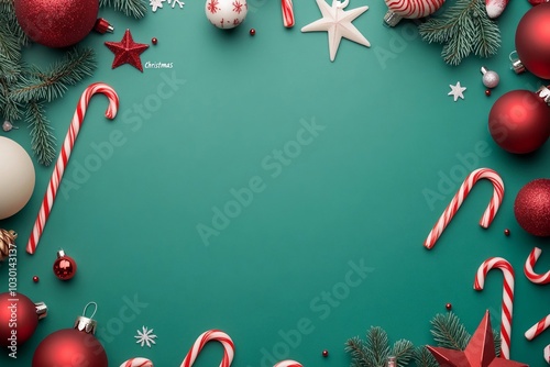 Carta da regalo in stile natalizio, sfondo verde con decorazioni rosse e ampio spazio vuoto al centro per il testo