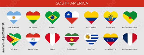 Set of heart flags of South American countries. Patriotic symbol. Vector illustration